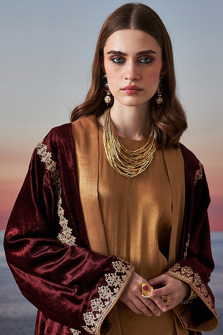 Gold Tissue Jumpsuit With Cape by JUGGNI at Pernia's Pop Up Shop