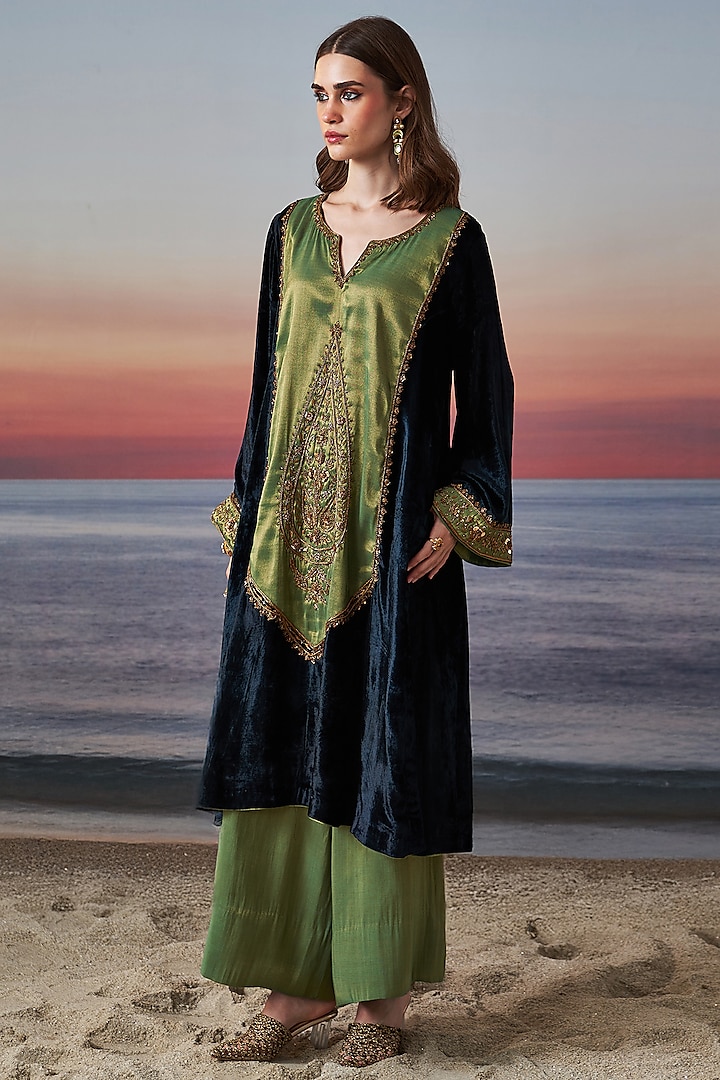 Blue Velvet Zardosi Embroidered A-Line Kurta Set by JUGGNI at Pernia's Pop Up Shop