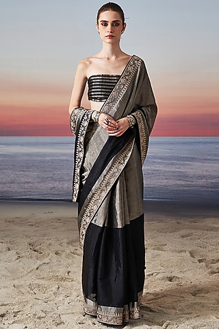Silver & Black Tissue Zardosi Embroidered Saree by JUGGNI