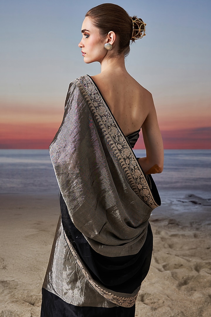 Silver & Black Tissue Zardosi Embroidered Party Wear Saree by JUGGNI at Pernia's Pop Up Shop
