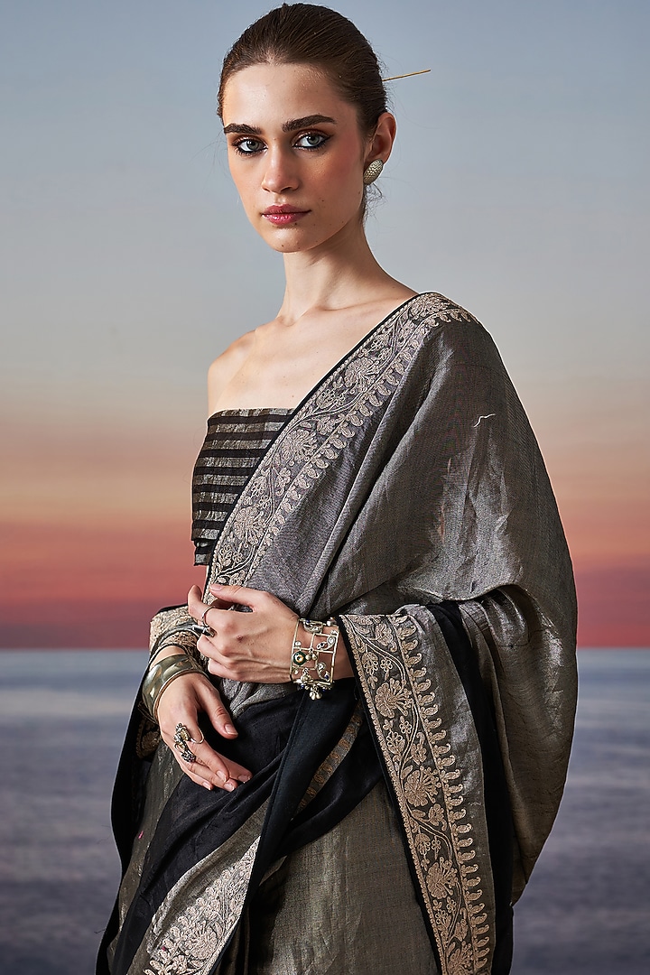 Silver & Black Tissue Zardosi Embroidered Party Wear Saree by JUGGNI at Pernia's Pop Up Shop