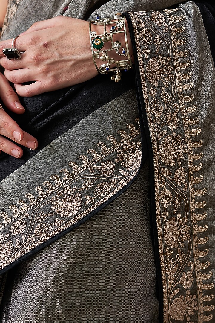 Silver & Black Tissue Zardosi Embroidered Party Wear Saree by JUGGNI at Pernia's Pop Up Shop