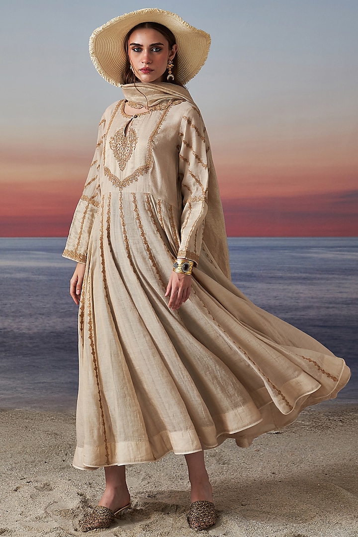 Soft Gold Tissue Zardosi Embroidered Anarkali Set by JUGGNI at Pernia's Pop Up Shop