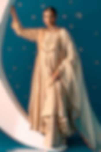 Soft Gold Tissue Zari & Dori Embroidered Wedding Anarkali Set by JUGGNI at Pernia's Pop Up Shop