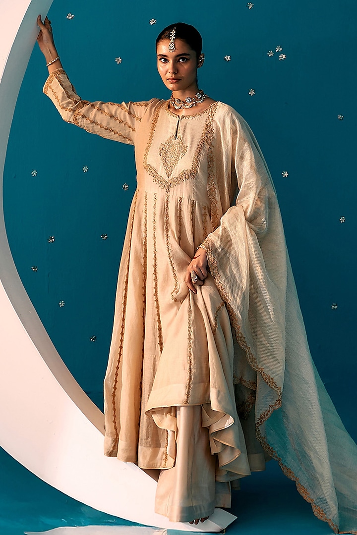 Soft Gold Tissue Zari & Dori Embroidered Wedding Anarkali Set by JUGGNI at Pernia's Pop Up Shop