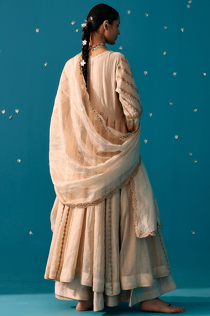 Soft Gold Tissue Zari & Dori Embroidered Wedding Anarkali Set by JUGGNI at Pernia's Pop Up Shop