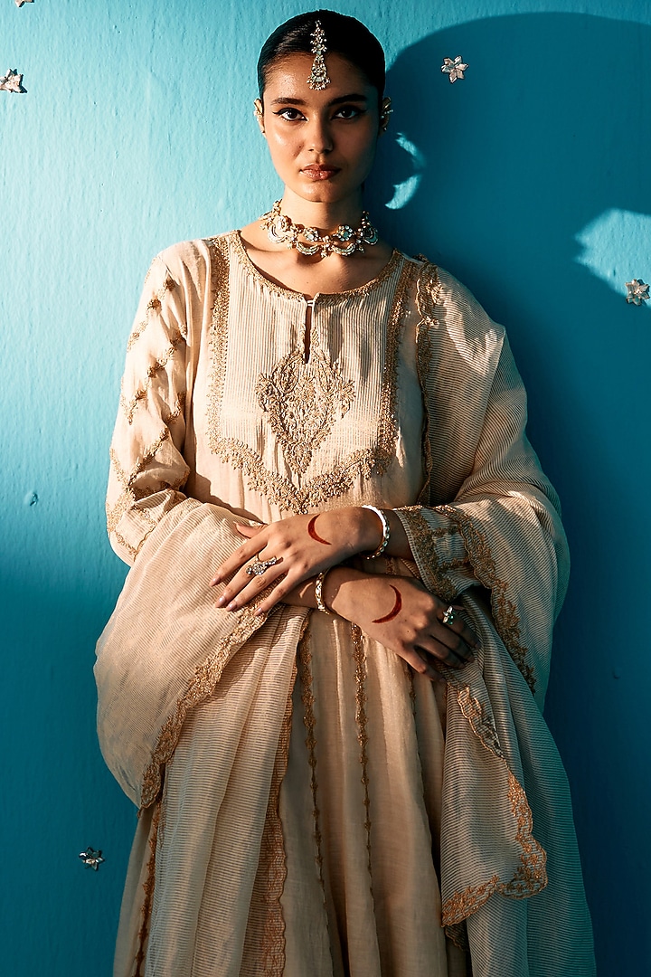 Soft Gold Tissue Zari & Dori Embroidered Wedding Anarkali Set by JUGGNI at Pernia's Pop Up Shop