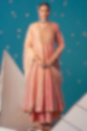Peach Tissue Zari & Dori Embroidered Wedding Anarkali Set by JUGGNI at Pernia's Pop Up Shop