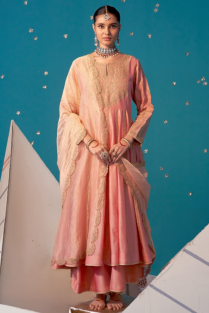 Peach Tissue Zari & Dori Embroidered Wedding Anarkali Set by JUGGNI at Pernia's Pop Up Shop