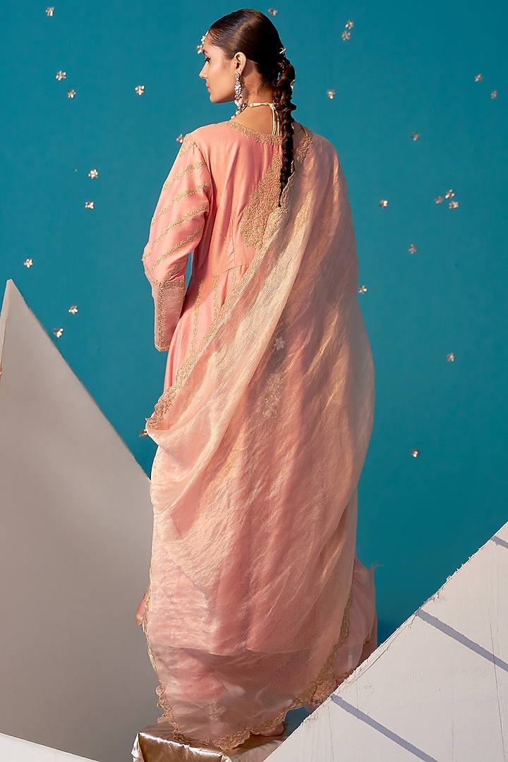 Peach Tissue Zari & Dori Embroidered Wedding Anarkali Set by JUGGNI at Pernia's Pop Up Shop