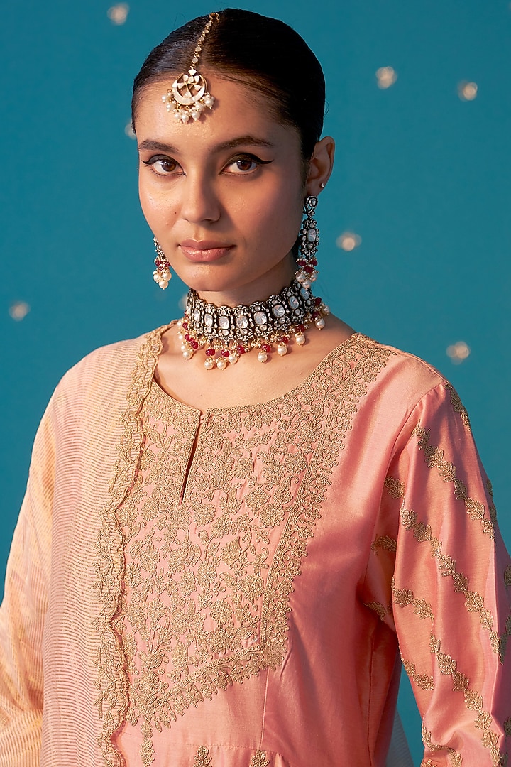 Peach Tissue Zari & Dori Embroidered Wedding Anarkali Set by JUGGNI at Pernia's Pop Up Shop