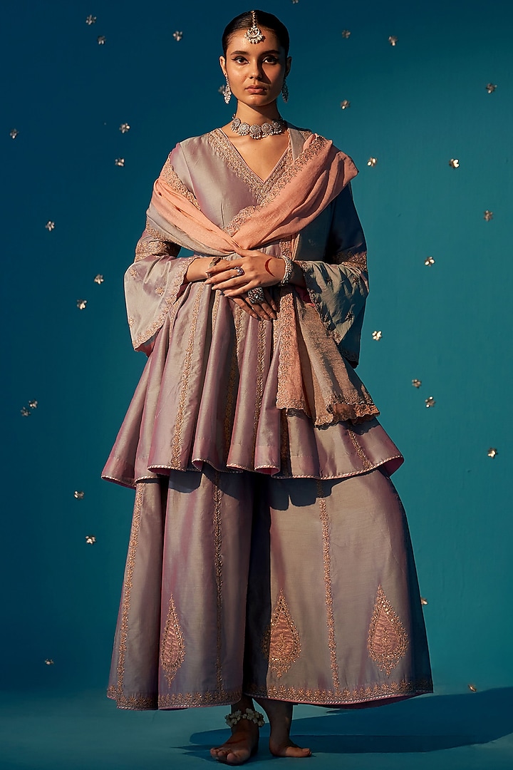 Blue & Pink Chanderi Wedding Sharara Set by JUGGNI at Pernia's Pop Up Shop