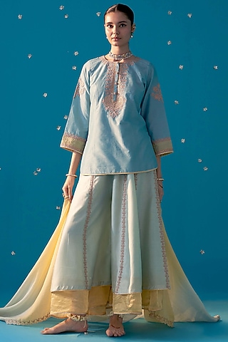 Aqua Yellow Chanderi Double Layer Sharara Set by JUGGNI
