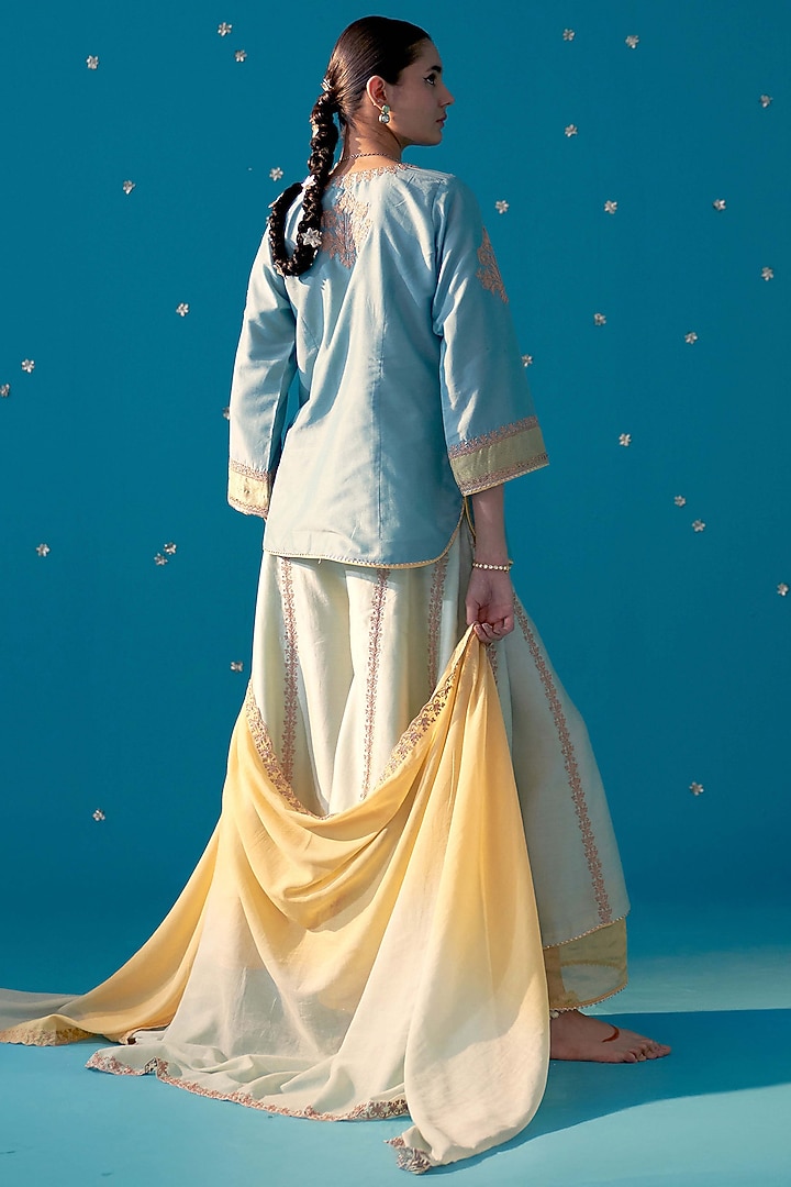 Aqua Yellow Chanderi Double Layer Party Wear Sharara Set by JUGGNI at Pernia's Pop Up Shop