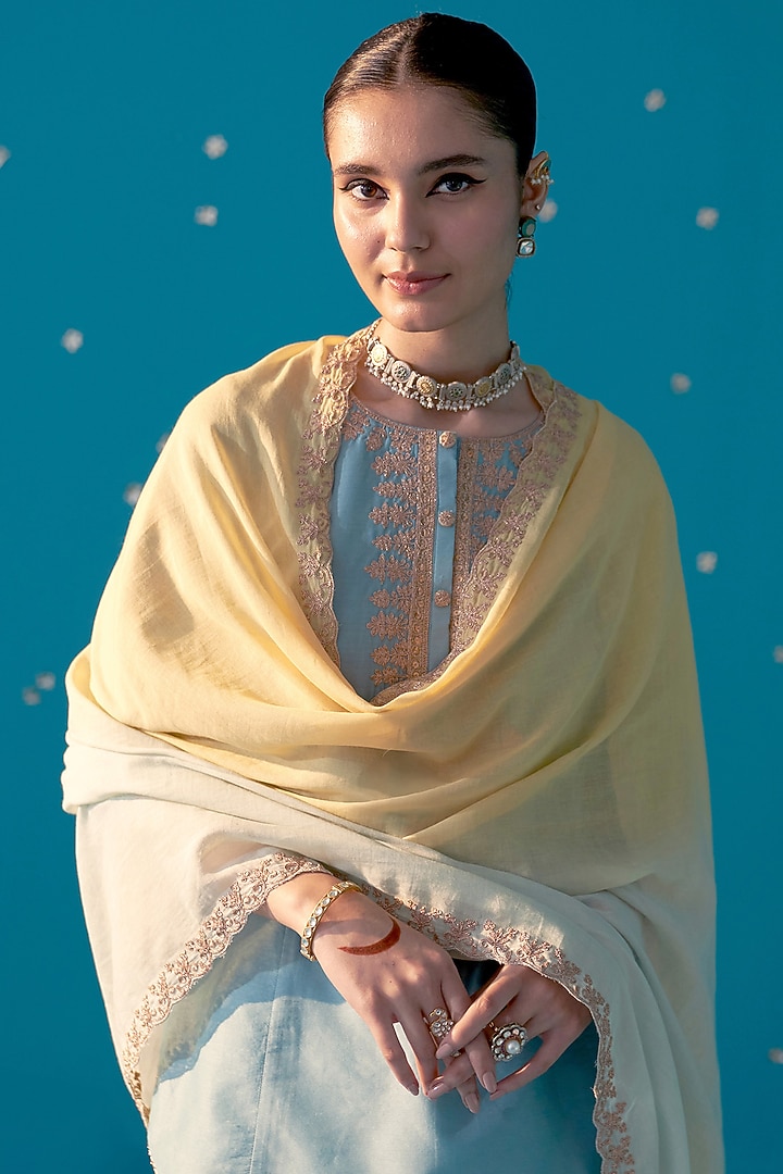 Aqua Yellow Chanderi Double Layer Party Wear Sharara Set by JUGGNI at Pernia's Pop Up Shop