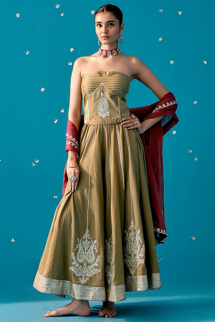 Olive Green Mal Gota Embroidered Lehenga Set by JUGGNI at Pernia's Pop Up Shop