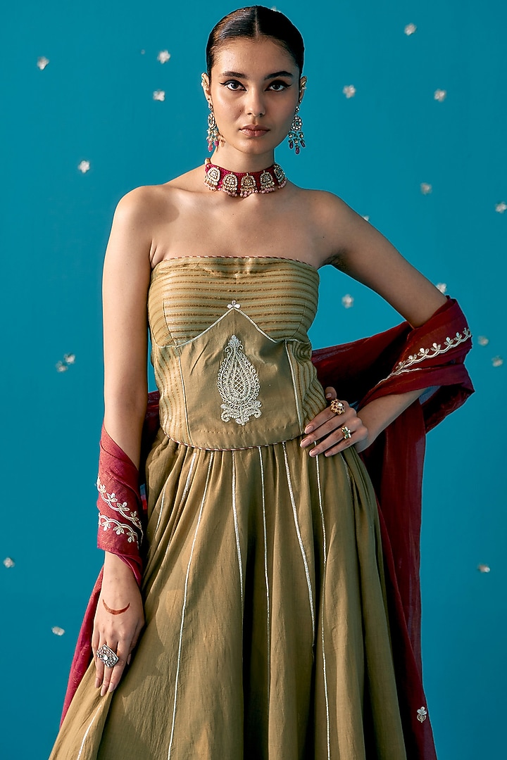 Olive Green Mal Gota Embroidered Lehenga Set by JUGGNI at Pernia's Pop Up Shop
