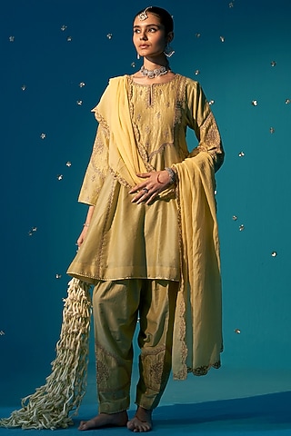 Soft Green Chanderi Zardosi Embroidered A-Line Kali Kurta Set by JUGGNI