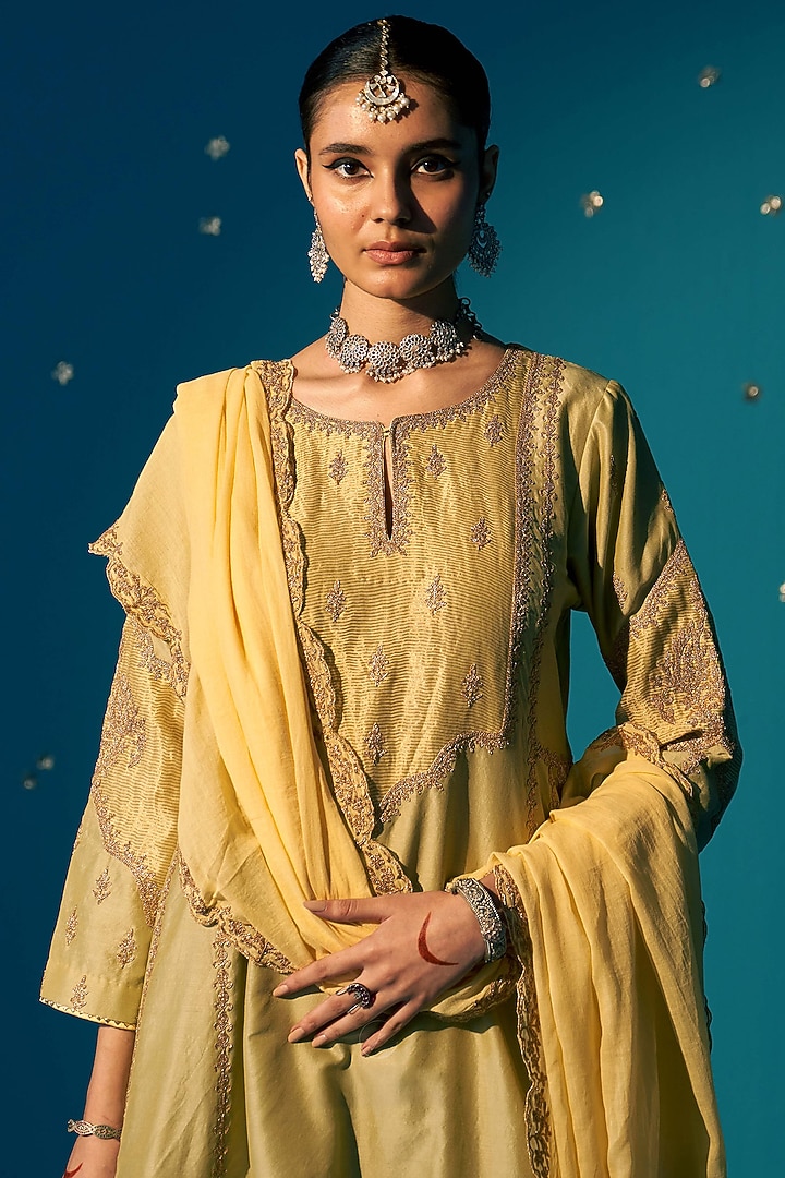 Soft Green Chanderi Zardosi Embroidered A-Line Kali Kurta Set by JUGGNI at Pernia's Pop Up Shop