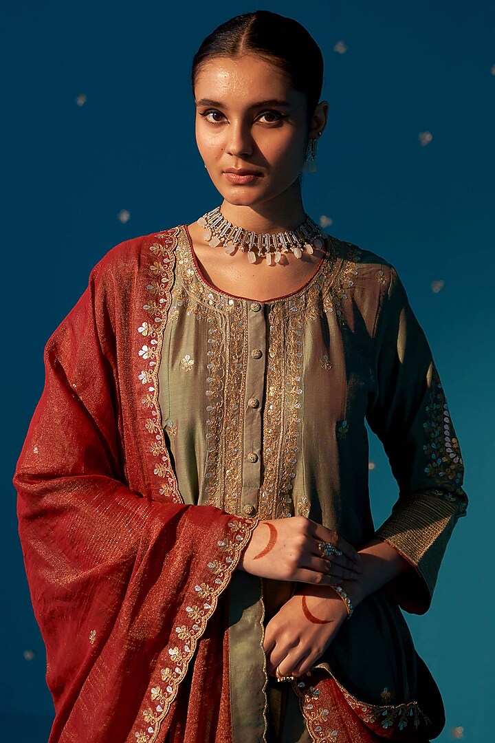 Green Chanderi Party Wear Sharara Set by JUGGNI at Pernia's Pop Up Shop