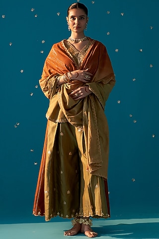 Olive Green & Rust Chanderi Sharara Set by JUGGNI