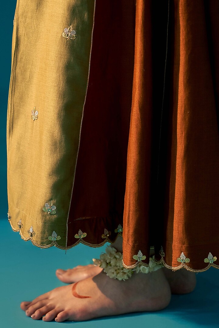 Olive Green & Rust Chanderi Party Wear Sharara Set by JUGGNI at Pernia's Pop Up Shop