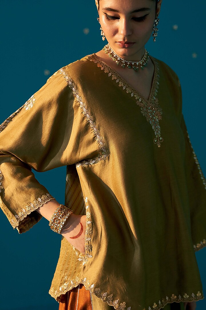 Olive Green & Rust Chanderi Party Wear Sharara Set by JUGGNI at Pernia's Pop Up Shop