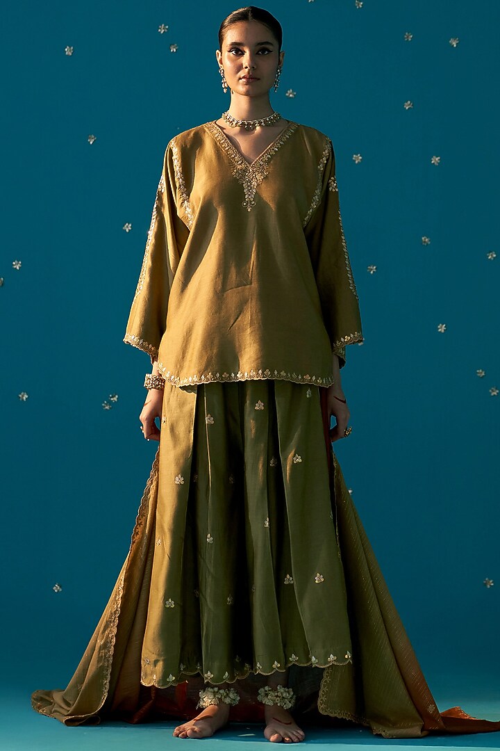 Olive Green & Rust Chanderi Party Wear Sharara Set by JUGGNI at Pernia's Pop Up Shop