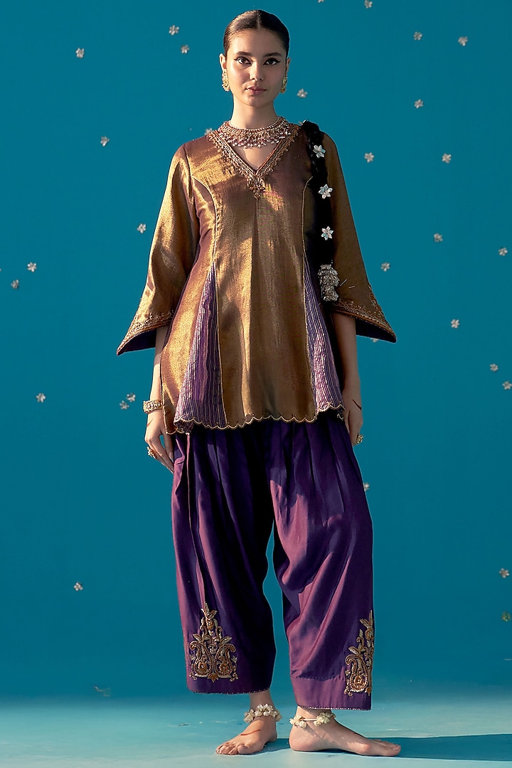 Purple Tissue Zardosi Embroidered Kurta Set by JUGGNI at Pernia's Pop Up Shop