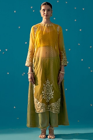 Mustard & Olive Green Organza Aari Embroidered Kurta Set by JUGGNI