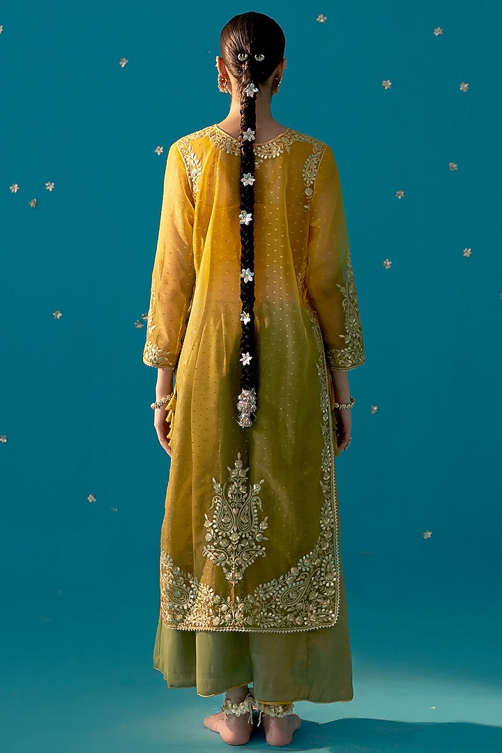 Mustard & Olive Green Organza Aari Embroidered Kurta Set by JUGGNI at Pernia's Pop Up Shop