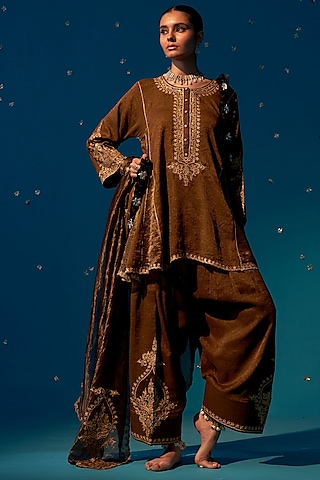 Brown Tissue Aari Embroidered Choga Kurta Set by JUGGNI