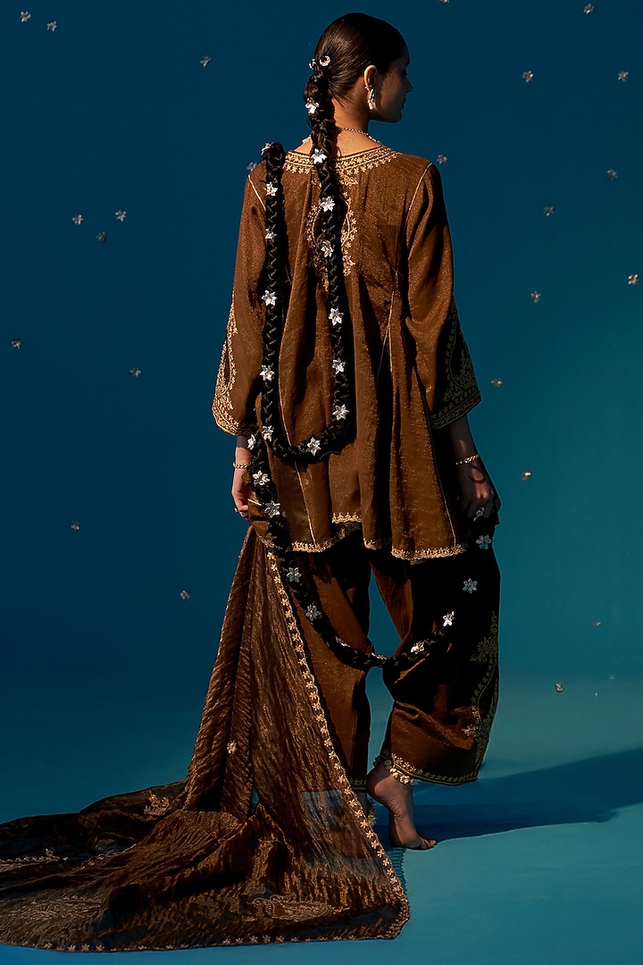 Brown Tissue Aari Embroidered Choga Kurta Set by JUGGNI at Pernia's Pop Up Shop