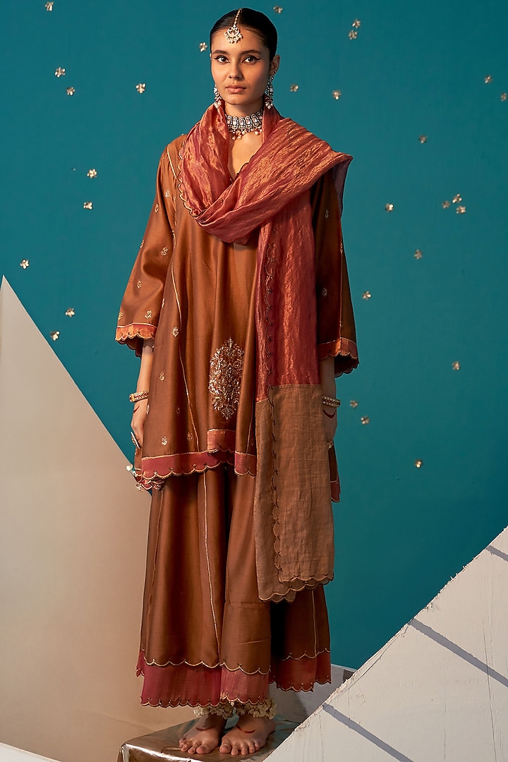 Tan Rose Pink Chanderi Wedding Sharara Set by JUGGNI at Pernia's Pop Up Shop
