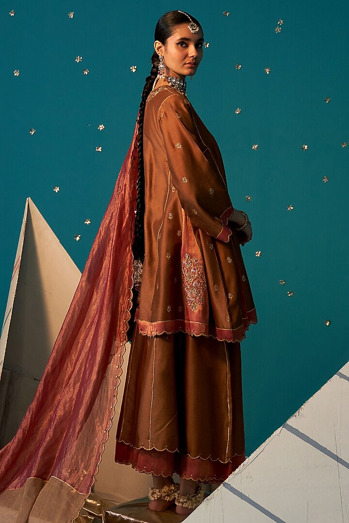 Tan Rose Pink Chanderi Wedding Sharara Set by JUGGNI at Pernia's Pop Up Shop