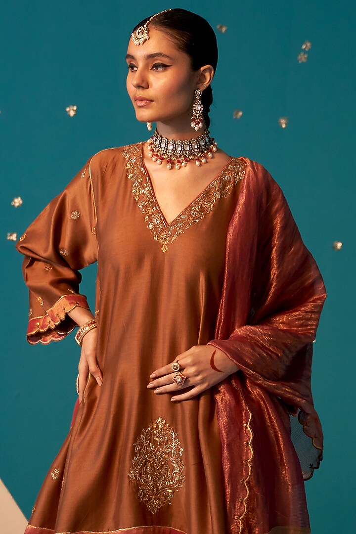 Tan Rose Pink Chanderi Wedding Sharara Set by JUGGNI at Pernia's Pop Up Shop