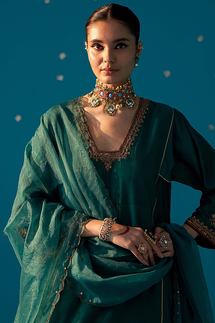Rama Green Chanderi Zardosi Embroidered Choga Kurta Set by JUGGNI at Pernia's Pop Up Shop