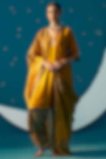 Mustard Yellow Chanderi Gota Embroidered Choga Kurta Set by JUGGNI at Pernia's Pop Up Shop
