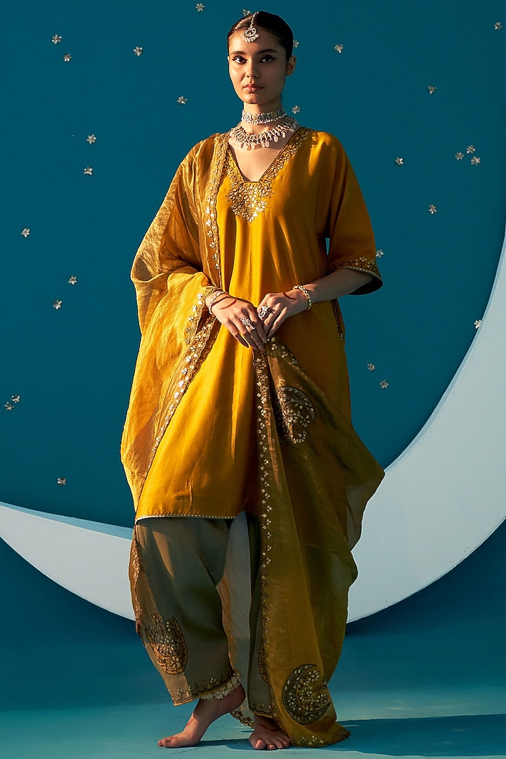 Mustard Yellow Chanderi Gota Embroidered Choga Kurta Set by JUGGNI at Pernia's Pop Up Shop
