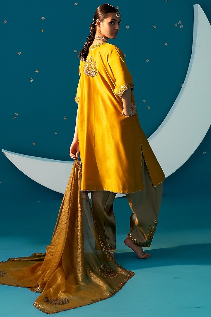 Mustard Yellow Chanderi Gota Embroidered Choga Kurta Set by JUGGNI at Pernia's Pop Up Shop