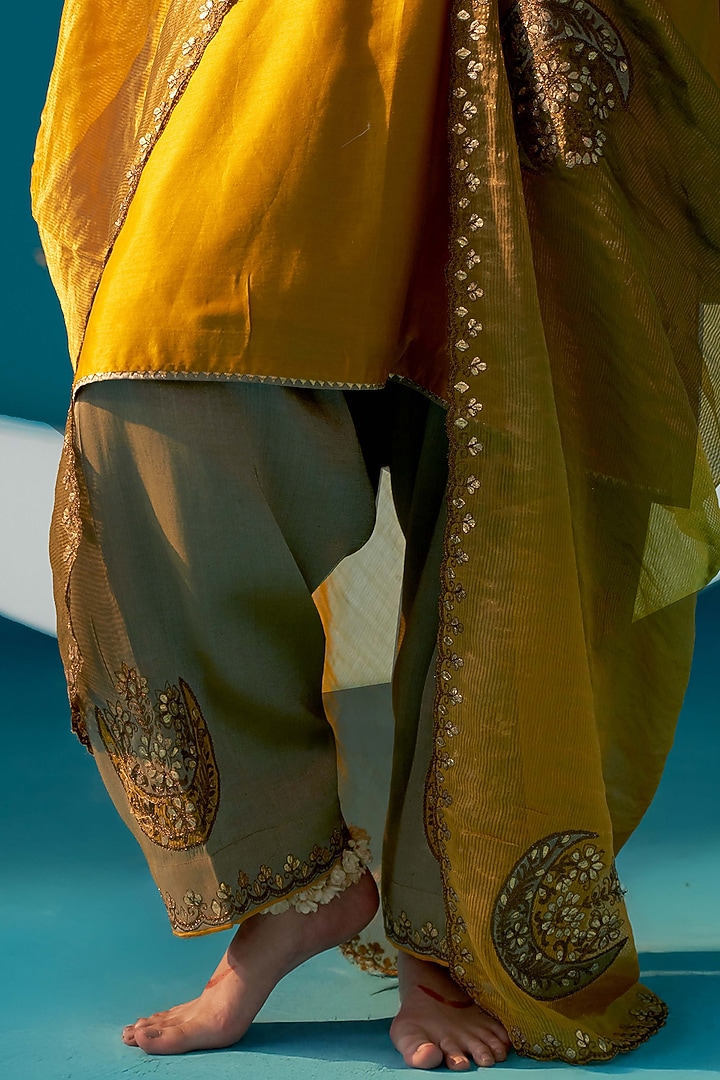 Mustard Yellow Chanderi Gota Embroidered Choga Kurta Set by JUGGNI at Pernia's Pop Up Shop