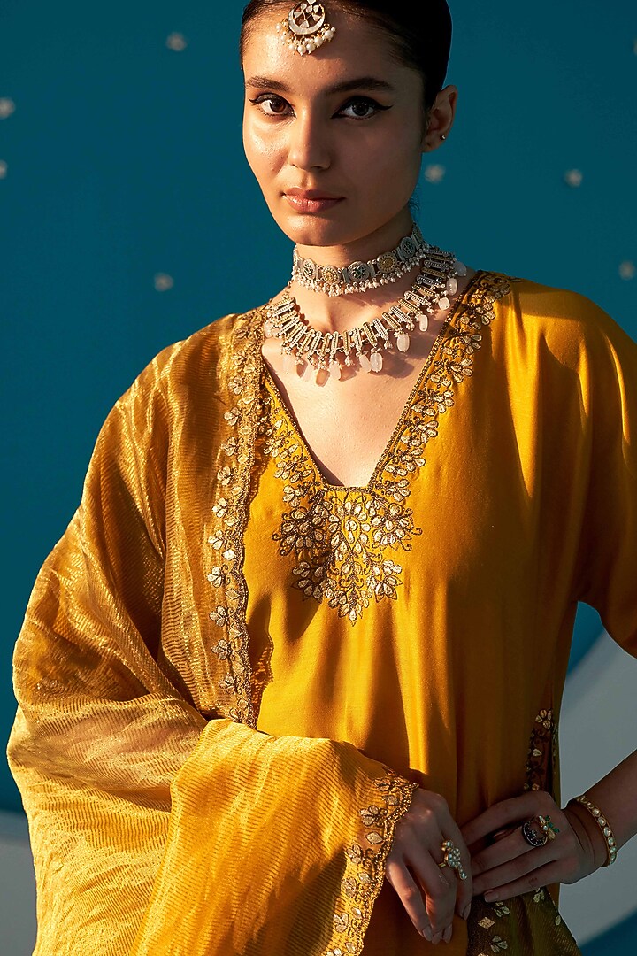 Mustard Yellow Chanderi Gota Embroidered Choga Kurta Set by JUGGNI at Pernia's Pop Up Shop