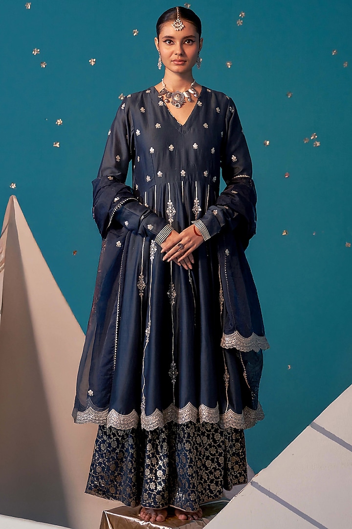 Teal Chanderi Gota Patti Embroidered Wedding Anarkali Set by JUGGNI at Pernia's Pop Up Shop