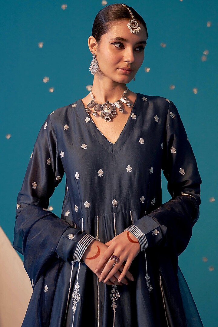 Teal Chanderi Gota Patti Embroidered Wedding Anarkali Set by JUGGNI at Pernia's Pop Up Shop