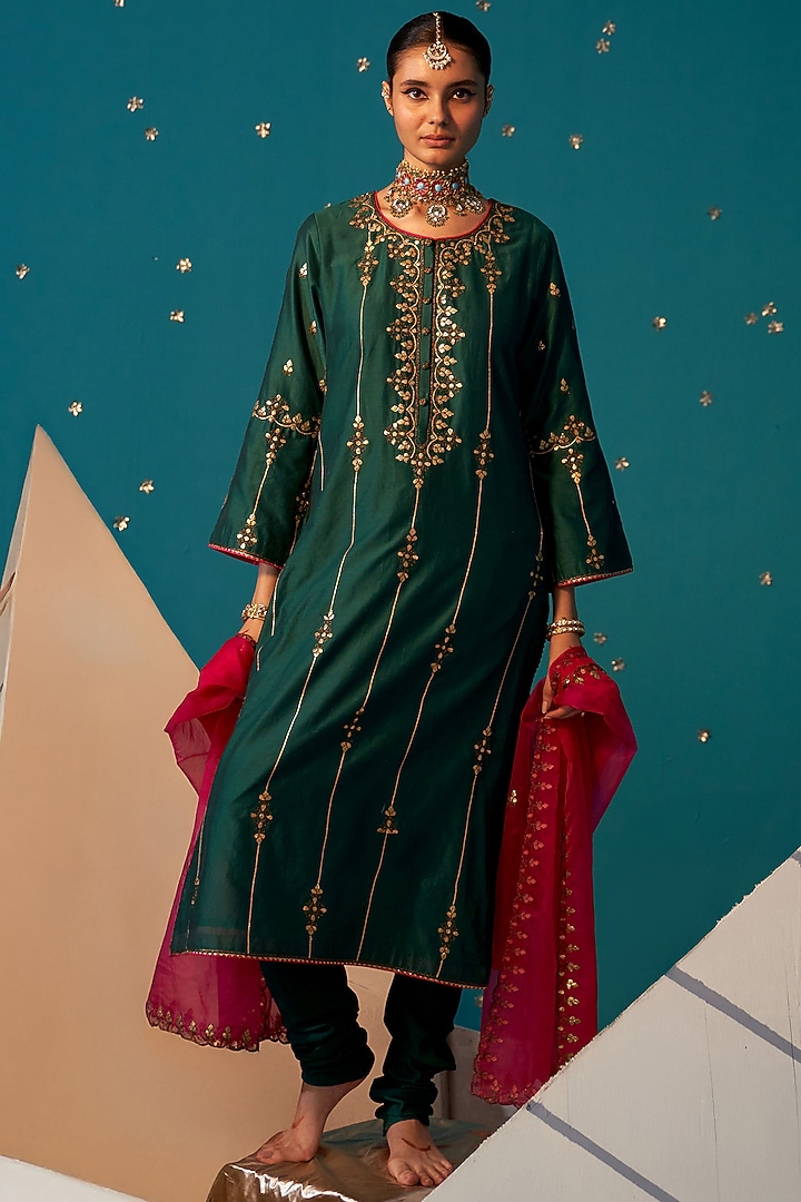 Rama Green Chanderi Gota Embroidered Kurta Set by JUGGNI at Pernia's Pop Up Shop