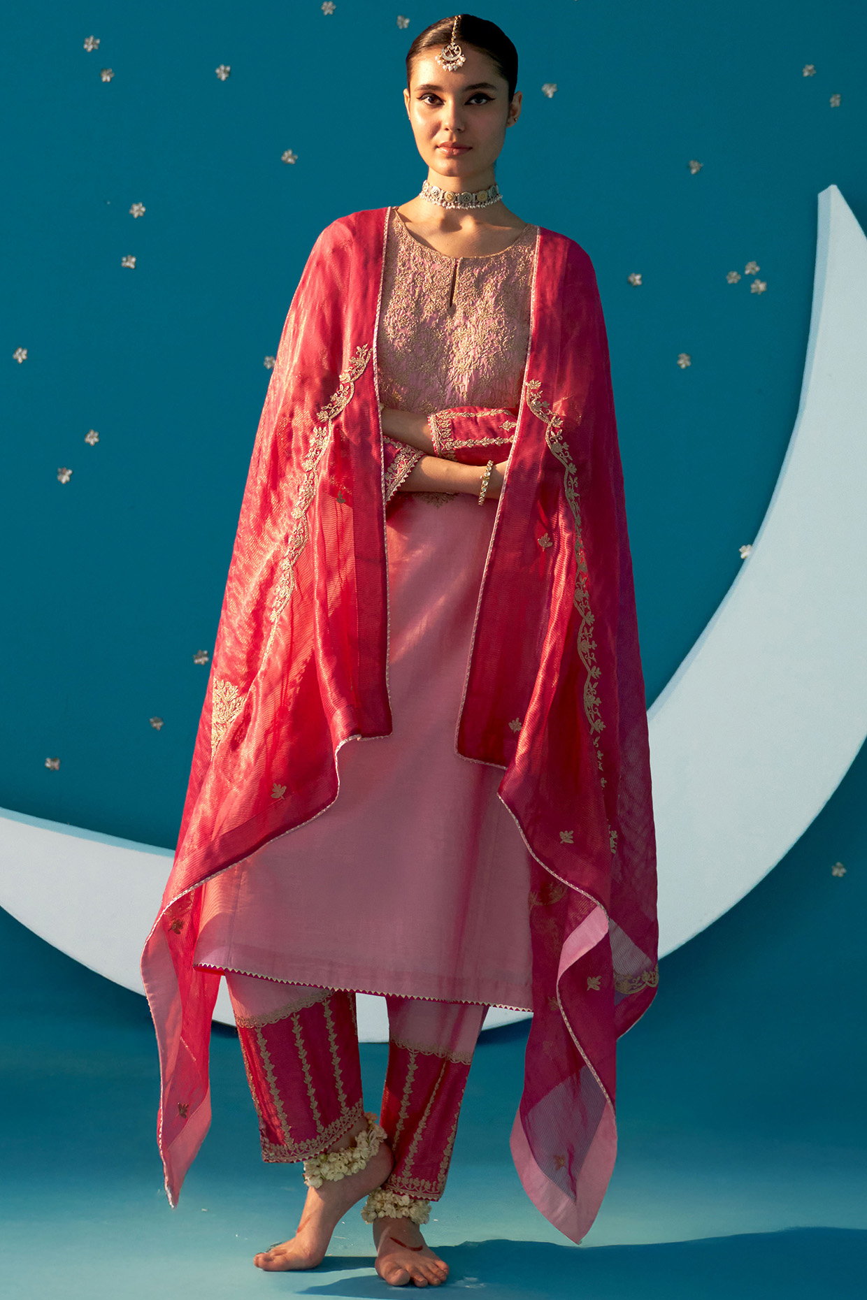 Soft Pink Chanderi Dori Embroidered A-Line Kurta Set by JUGGNI at Pernia's Pop Up Shop