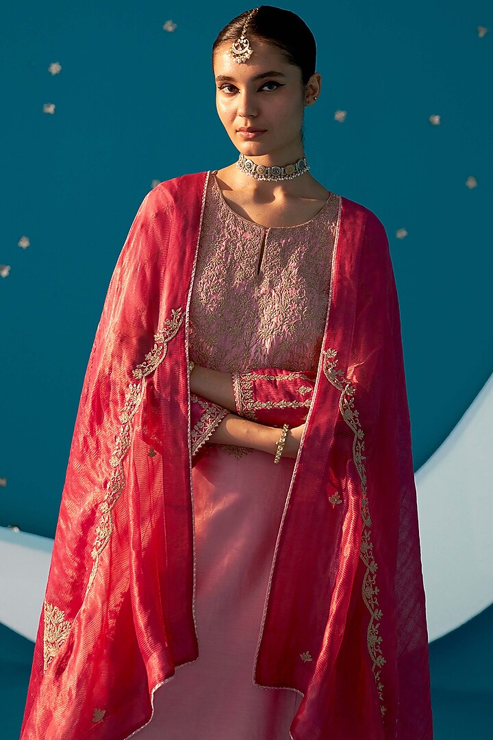 Soft Pink Chanderi Dori Embroidered A-Line Kurta Set by JUGGNI at Pernia's Pop Up Shop
