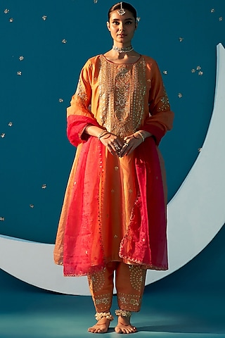 Orange Chanderi Gota Embroidered Kurta Set by JUGGNI