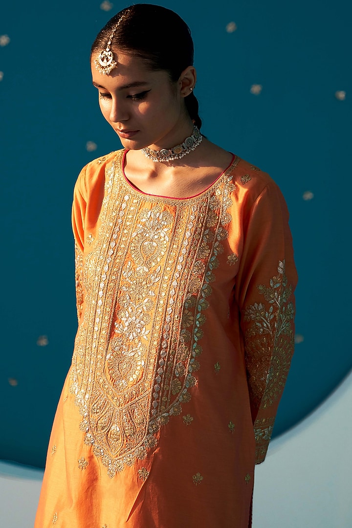 Orange Chanderi Gota Embroidered Kurta Set by JUGGNI at Pernia's Pop Up Shop