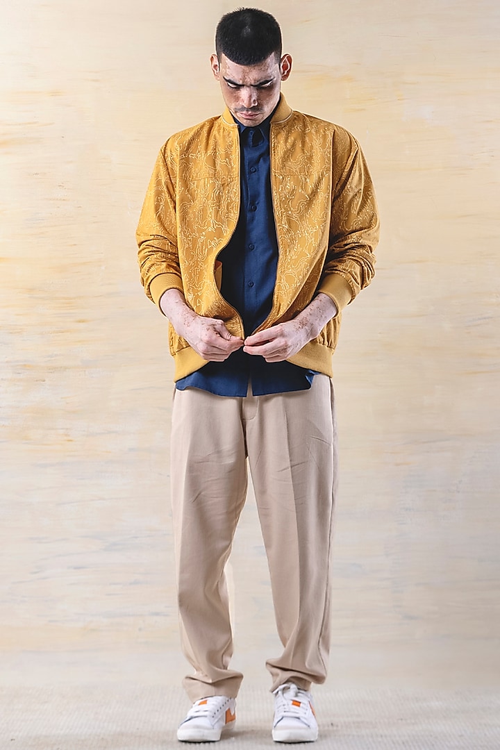 Mustard Printed Bomber Jacket by JUNE20 CLOTHING